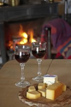 Red wine in glasses, nutrition, food, alcohol, food culture, open fire, romance, cheese platter,