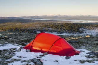 Tent in mountain landscape, Sarek National Park, World Heritage Laponia, Norrbotten, Lapland,