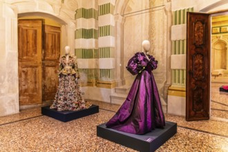 Exhibition of magnificent evening dress creations by fashion designer Roberto Capucci, 17th century