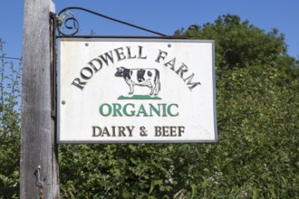 Sign at Rodwell Farm, organic dairy and beef farm, Compton Bassett, near Calne, Wiltshire, England,