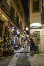 Pedestrians, tourists in the illuminated old town, night shot, Granada, Andalusia, Spain, Europe