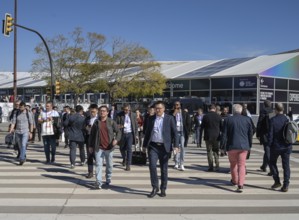 Visitors outside the exhibition centre, MWC Mobile World Congress 2024, Barcelona, Spain, Europe