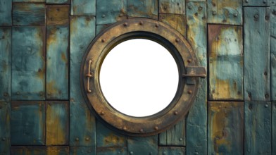 Vintage aged brass ship porthole mounted on a wooden hull with a white background. generative AI,