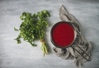 Tomato sauce with pepper and spices, Satsebeli, Georgian cuisine, red sauce, top view, homemade, no