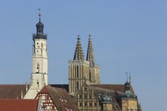 Townscape with white town hall tower, half-timbered house Fleischhaus, St. Jakob church, towers,