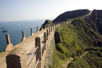 La Coupee narrow track between Little Sark and Sark, Island of Sark, Channel Islands, Great Britain