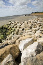 Rock armour barriers to control coastal erosion, Bawdsey, Suffolk, England, United Kingdom, Europe