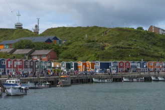 Colourful lobster shacks on the promenade in the lowlands, Börteboote, offshore island of