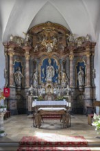 Baroque, three-part high altar in the church of St Kilian, Pretzfeld, Upper Franconia, Bavaria,