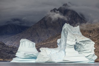 Large icebergs in fjord in front of steep mountains, cloudy mood, summer, Scoresby Sound, East