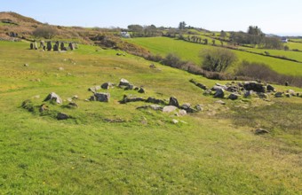 Drombeg stone circle, County Cork, Ireland, Irish Republic roundhouse Fulacht fiadh structure in