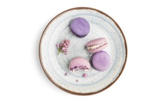 Purple macarons or macaroons cakes on blue plate isolated on white background. Top view, flat lay,