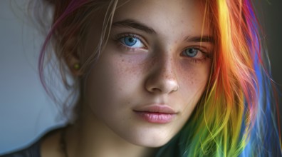 Portrait of a lesbian LGBTQ young lady with colored rainbow hair and piercings, AI generated