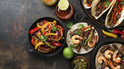 Mexican cuisine, combo food of beef, chicken fajitas and shrimp., AI generated