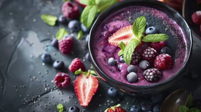 Flat lay view of acai bowl smoothie and Spirulina algae with berries. Healthy diet, AI generated