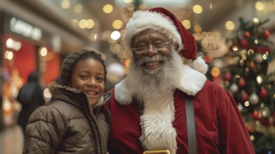 Jovial african american santa claus with happy child at the shopping center. generative AI., AI