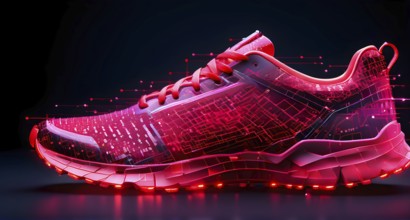 Running shoe, breaking into pixels and data points, morphing into a network of neural nodes,