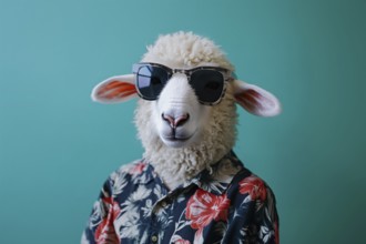 Funny white sheep with sunglasses and shirt in front of blue background. Generative Ai, AI