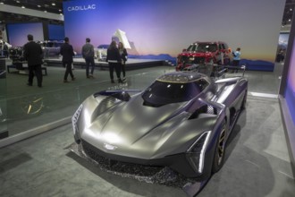 Detroit, Michigan USA - 10 January 2025 - Cadillac's Project GTP Hypercar, a race car, on display