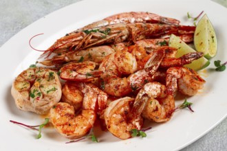 Fried langoustines and tiger shrimps, with spices and herbs, homemade dish, without people