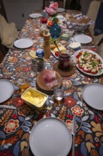 Set table in the evening for a large family, Medcklenburg-Vorpommern, Germany, Europe