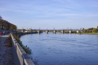 Elbe, river, Marienbrücke, car and pedestrian bridge, footpath, metal railing, Elbufer, Neue