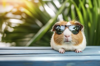 Cool pet guinea pig wearing sunglasses in summer. Generative AI, AI generated