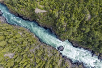 Futaleufu river flowing in a deep gorge, near viewpoint Mirador del Diablo, aerial view, Patagonia,