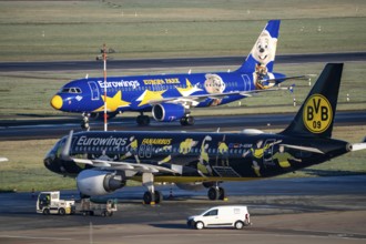 Eurowings Airbus A320, D-ABDQ, Europa-Park, aircraft after landing at Düsseldorf Airport, Eurowings