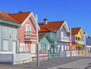 Traditional wooden striped houses, Costa Nova do Prado, Aveiro, Portugal, Europe