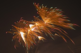 Colourful fireworks explode with colourful trails of light in the night sky, Lower Saxony, Germany,