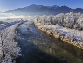 River, morning light, fog, hoarfrost, mountains, winter, snow, aerial view, Loisach, view of