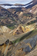 Small river between colourful rhyolite mountains, volcanic landscape, colourful erosion landscape,