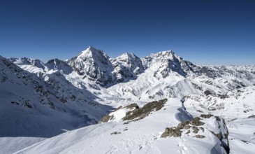 Mountain panorama with snow-covered mountain landscape in winter, view of mountain peaks