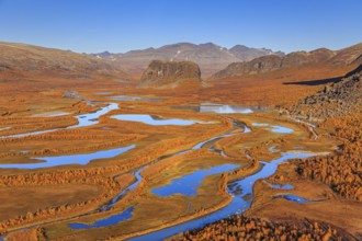 Lake, river, river delta, autumn colours, autumn, mountains, sunny, aerial view, Rapadalen, view of