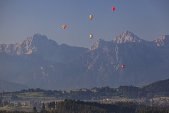 Hot air balloons, morning light, summer, Königswinkel, Tannheim Alps, Bavaria, Germany, Europe