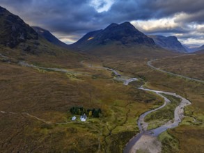 Cloudy mood, river, moor, aerial view, mountain landscape, autumn, cottage, view of Langangarbh