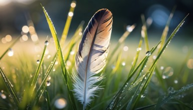 A lone feather resting gently on a dew-covered grassy field, with soft morning light illuminating