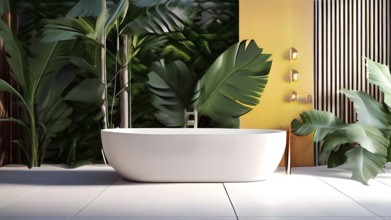 Modern bathroom with bath tube and tropical plants, AI generated