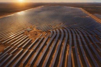 Complex layout of a photovoltaic power plant symmetrically arranged in rows of solar panels, AI