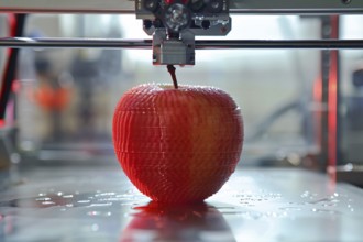 Red apple being printed by 3D printer. KI generiert, generiert, AI generated