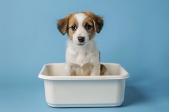 Puppy dog sitting in white litter box. Generative AI, AI generated