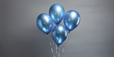 AI generated cluster of blue helium balloons floating against a grey background