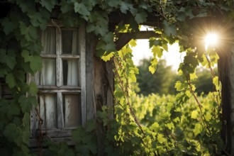 AI generated close up of a rustic vineyard cottage nestled amidst lush summer colored vine leaves