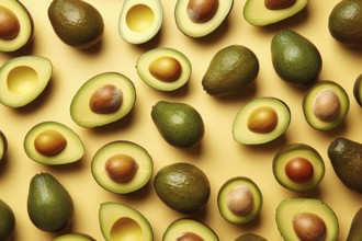 Top view of many whole and halved avocados. KI generiert, generiert AI generated