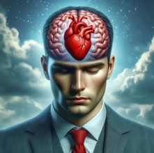 With brain and heart, The brain and heart can be seen in a man's head, Symbolic image of thinking