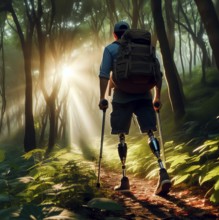 A man with an amputated leg and prosthesis walks through the forest, symbolic image people with