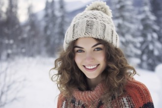 Young woman with knitted winter hat and sweater in snow. KI generiert, generiert AI generated