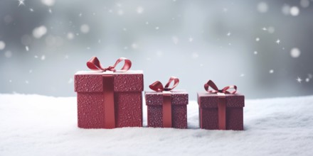 Red Christmas gift boxes in snow. KI generiert, generiert AI generated