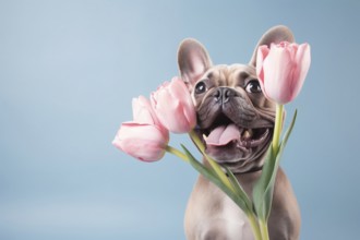 French Bulldog dog with pink tulip spring flowers on blue background. KI generiert, generiert AI